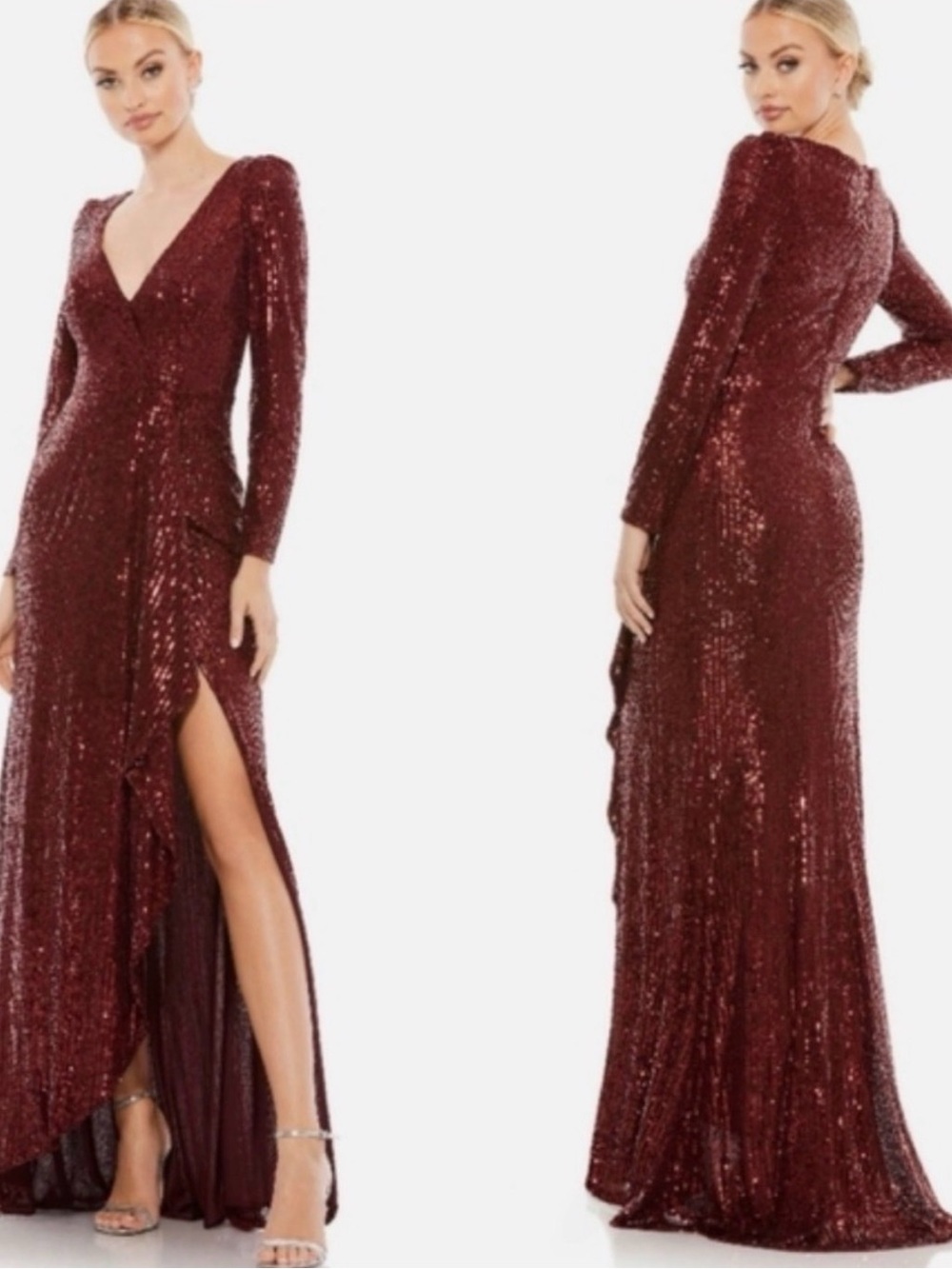 Mac Duggal Burgundy Sequin Long Sleeve V-Neck Evening Gown Size 4 NWT